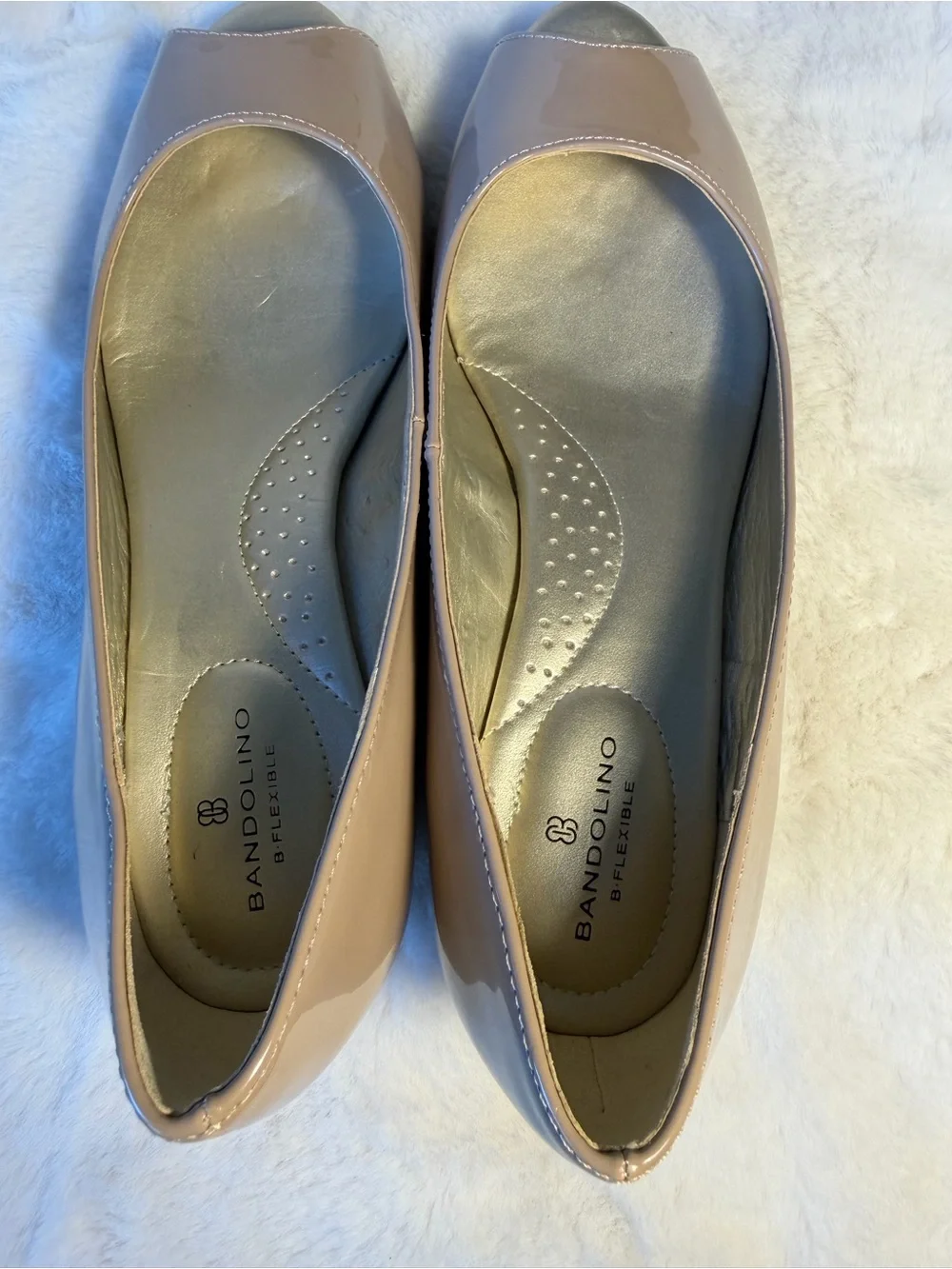 Bandolino Taupe Patent Peep-Toe Wedge Pumps - Size 7.5